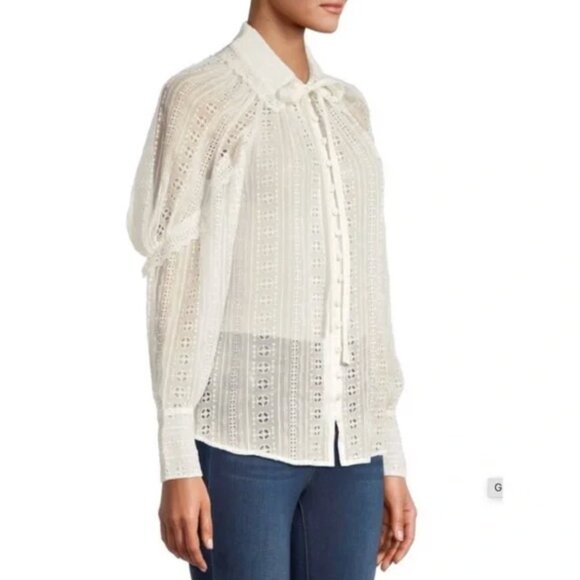 Rebecca Taylor Geo Eyelet Silk Blouse, Cream, XS - Picture 3 of 12